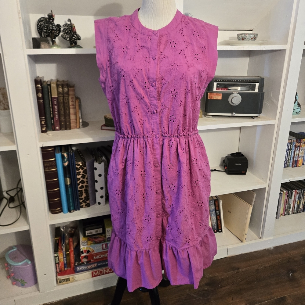 Draper James RSVP Sleeveless Button Down Dress Ruffles Fuchsia Lace Eyelet Kohls